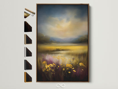 Golden Field artwork with a brown frame is showcased with other frame options displayed beside it. The serene artwork embodies a country and farmhouse style. The primary color is yellow with a secondary gold hue. Perfect wall decor for homeowners renters interior decorators and business owners.