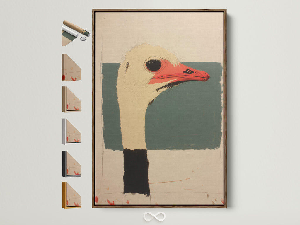 Artwork in a brown frame is displayed. See all frame options available. This frame enhances the artwork. Consider the different frame styles. All frame choices are on display for your art.