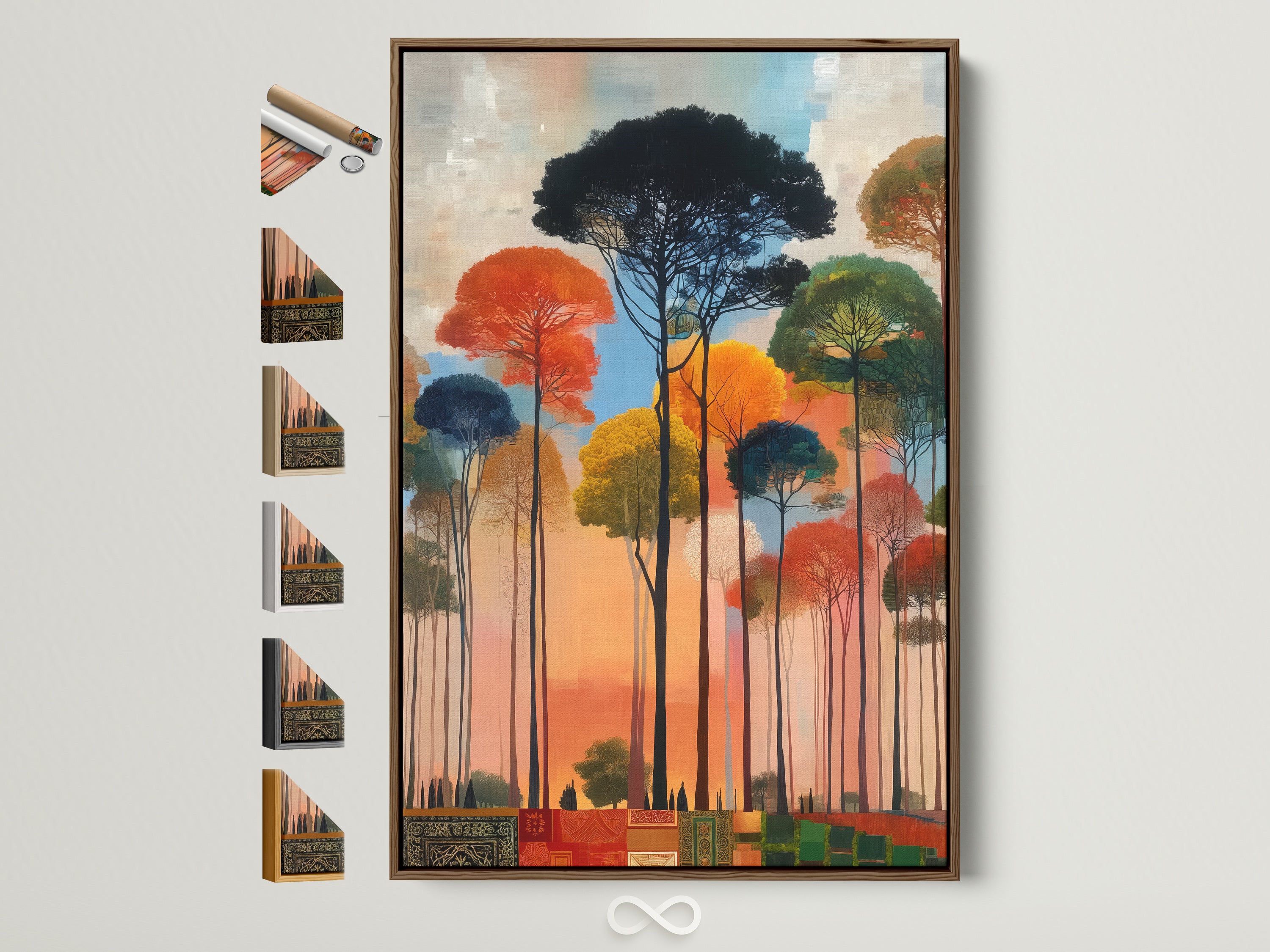 Abstract Forest artwork with a brown frame is displayed. See all frame options available. The artwork features colorful trees in shades of orange green and black. This modern nature art is perfect for any room or office. A contemporary landscape print.