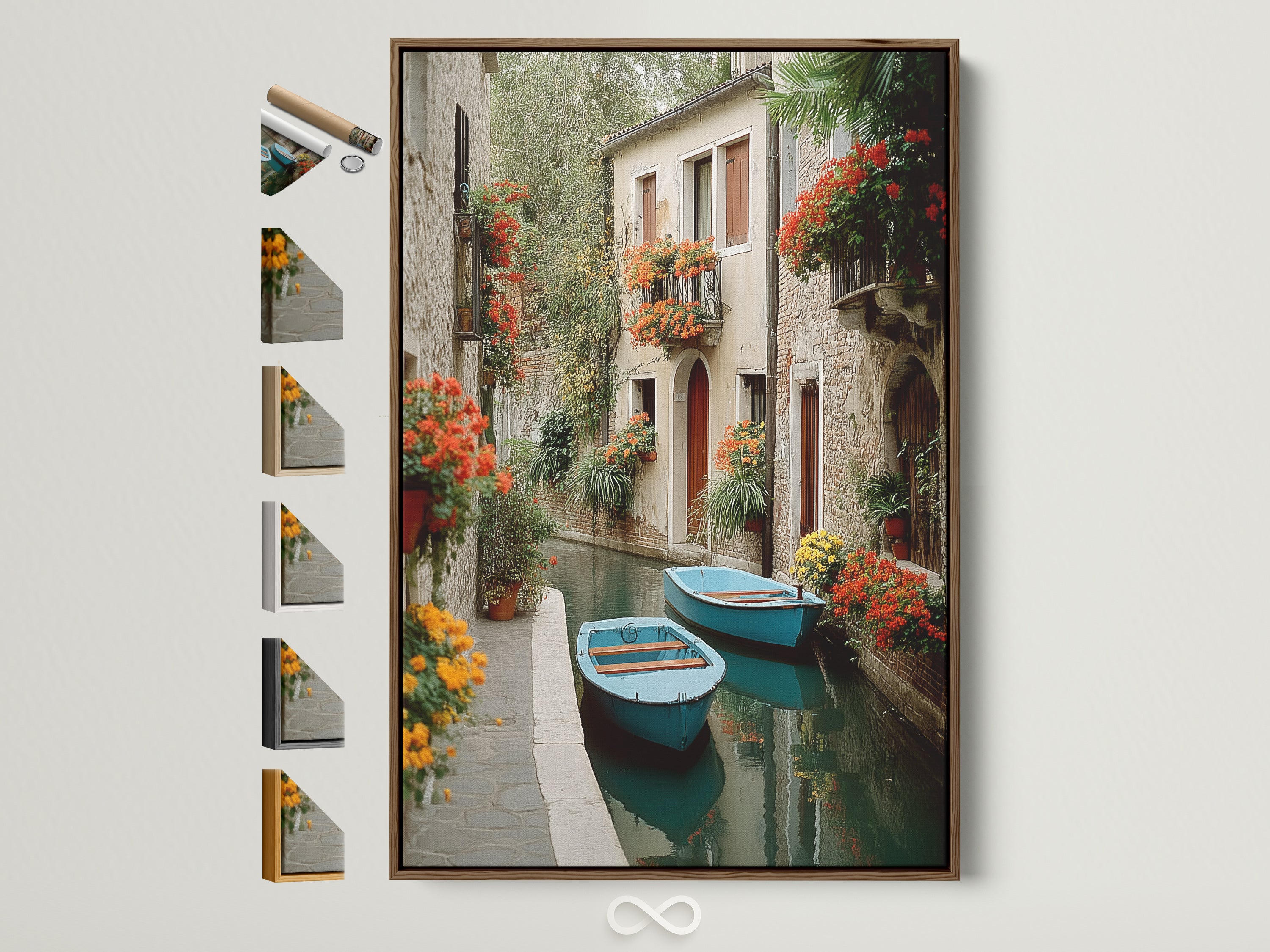 Venice Canal artwork with a brown frame. The frame options are displayed on the side. This vintage European scenery brings an acqua aesthetic to any room. Perfect for homeowners and interior decorators.