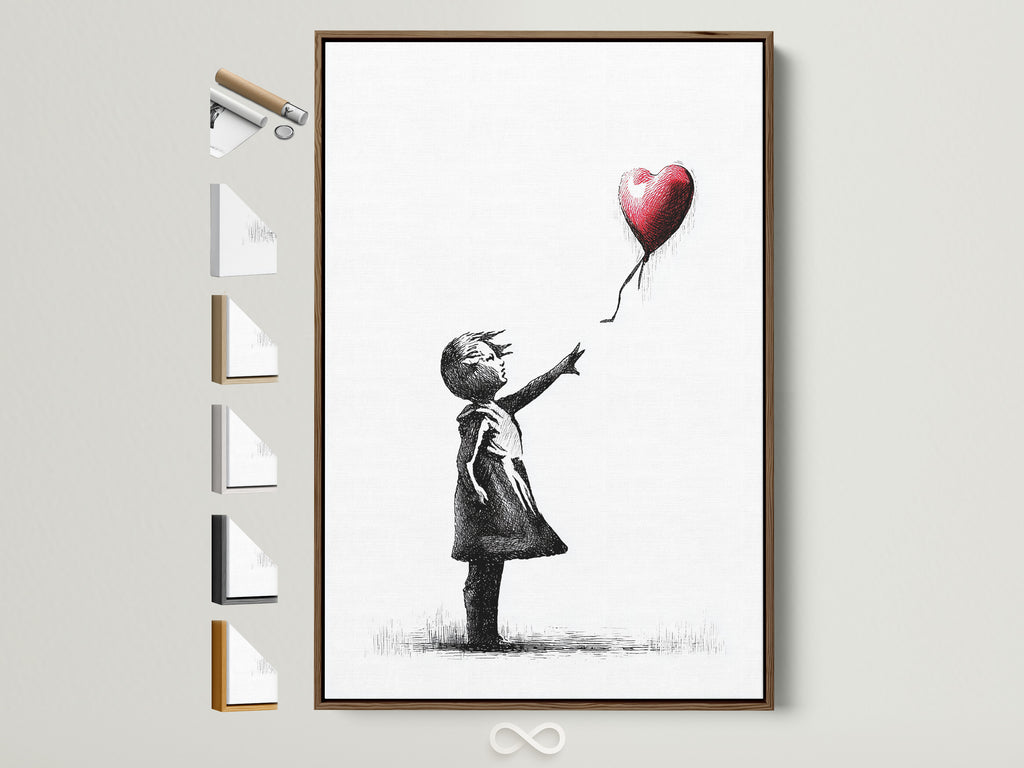 Explore framed art prints. This image showcases a Banksy-inspired piece with a girl reaching for a heart-shaped balloon. This artwork is displayed in a brown frame. Discover various frame options to perfectly match your style. Elevate your home decor with our unique framed artwork.