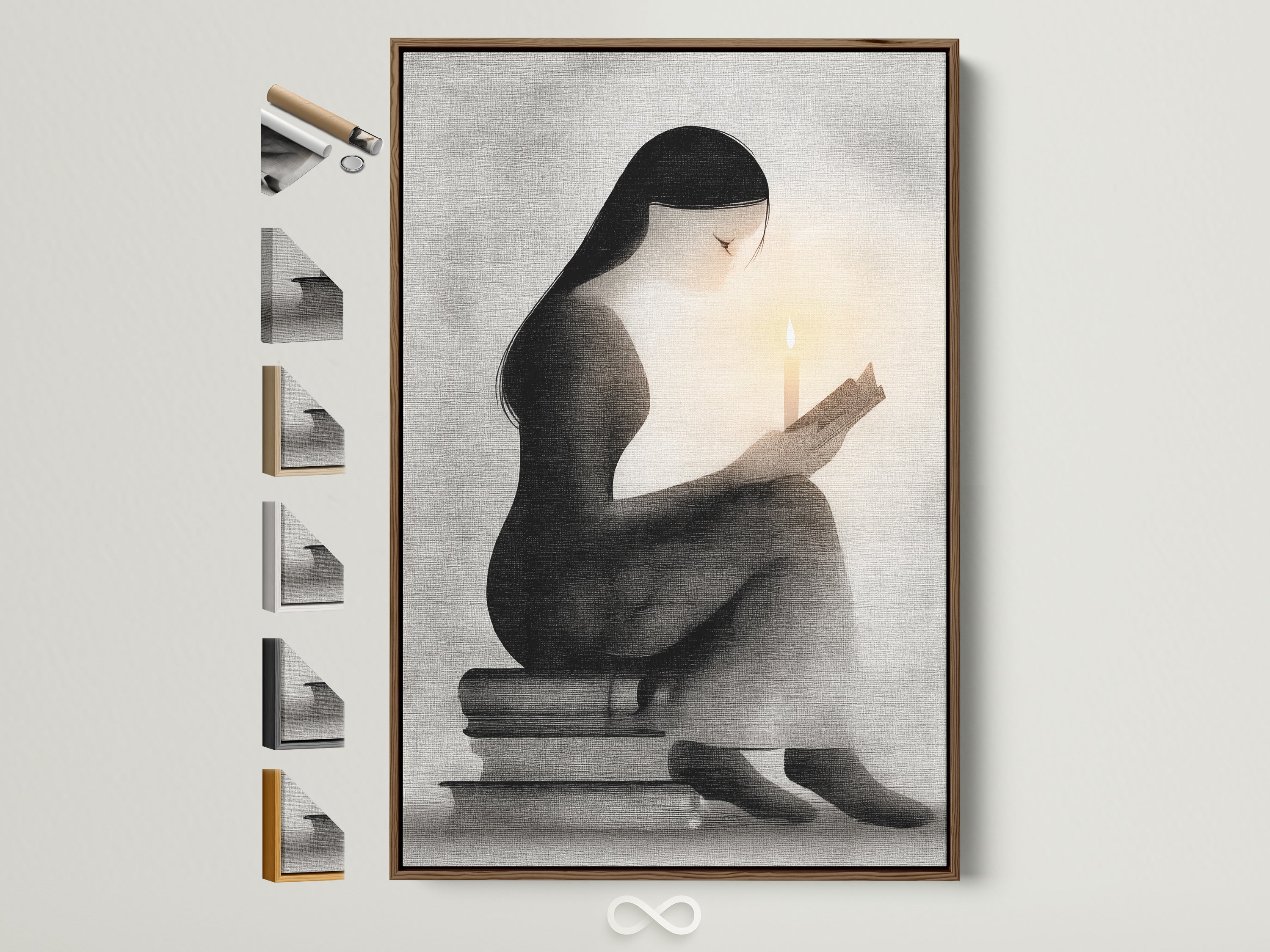 Minimalist woman reading wall art in a brown frame. All frame options displayed. This book lover gift is perfect for a study room. The candlelight art creates a quiet atmosphere. Enhance your space with monochrome art.