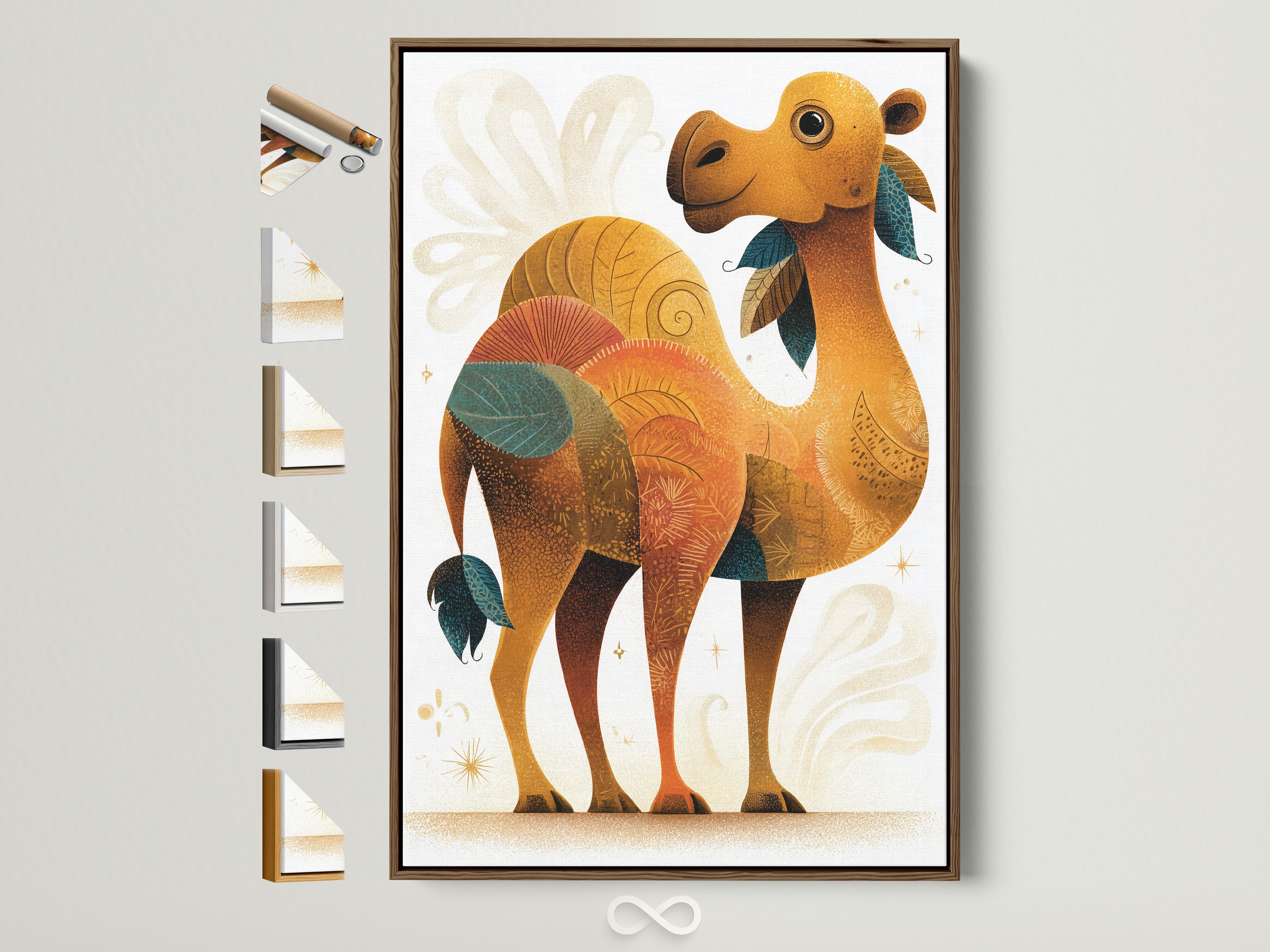 Framed artwork featuring a whimsical camel illustration in a brown frame. Explore frame options to perfectly complement your artwork. Find the ideal frame to enhance your home decor today.