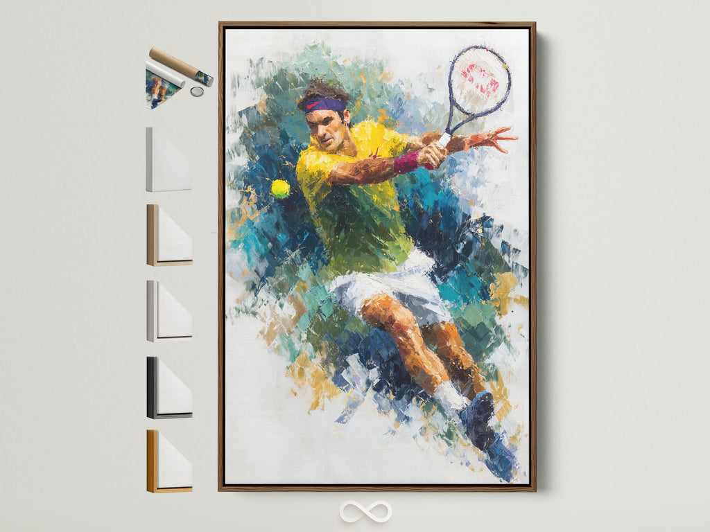 A tennis player canvas art print is showcased in a brown frame. The artwork features an abstract sports scene with watercolor effects. Various frame options are displayed alongside. This is perfect wall art for a game room or athletic-themed space. A great addition to any sports fan's home decor.