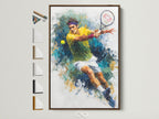 A tennis player canvas art print is showcased in a brown frame. The artwork features an abstract sports scene with watercolor effects. Various frame options are displayed alongside. This is perfect wall art for a game room or athletic-themed space. A great addition to any sports fan's home decor.