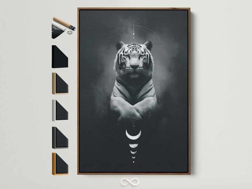 Elevate your space with mystical tiger art. This canvas print features a celestial animal with moon phases. It is framed in a brown frame. See all frame options available. Perfect spiritual decor for bedroom wall art or any modern space.