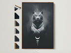 Elevate your space with mystical tiger art. This canvas print features a celestial animal with moon phases. It is framed in a brown frame. See all frame options available. Perfect spiritual decor for bedroom wall art or any modern space.