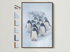 Elevate your space with penguin art. This coastal animal photography is perfect for nursery decor. The brown frame enhances the Antarctic wildlife wall art. See all available frame options on the side.