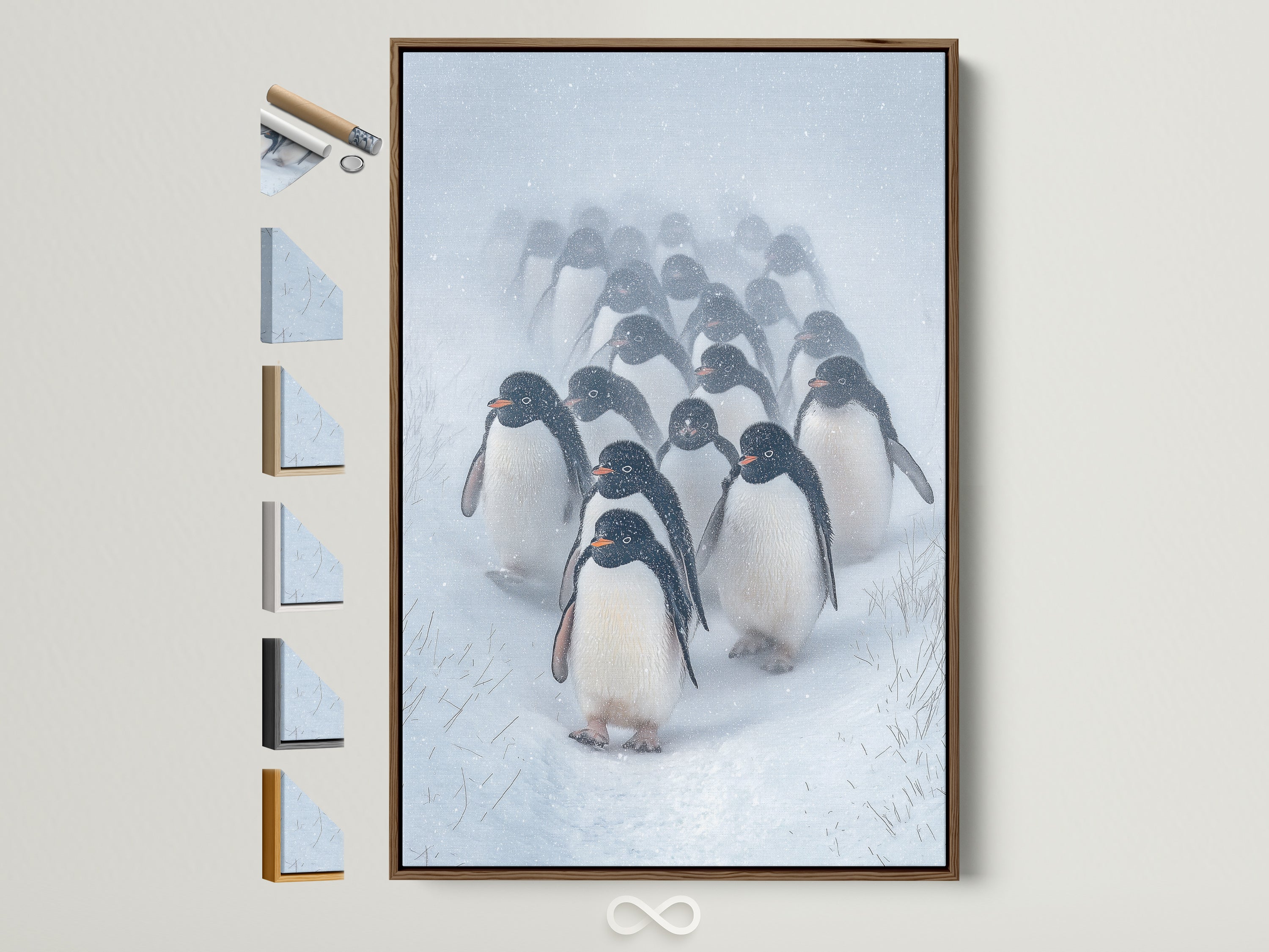 Elevate your space with penguin art. This coastal animal photography is perfect for nursery decor. The brown frame enhances the Antarctic wildlife wall art. See all available frame options on the side.