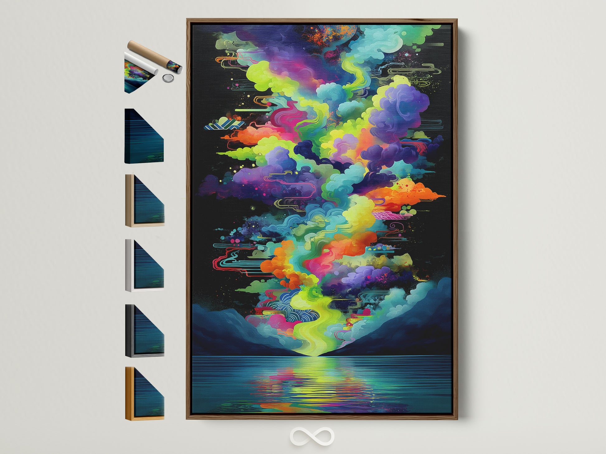 A vibrant cloudscape artwork is displayed in a brown frame. This modern psychedelic artwork features a colorful lake reflection. See all available frame options to enhance your space with this abstract art piece.