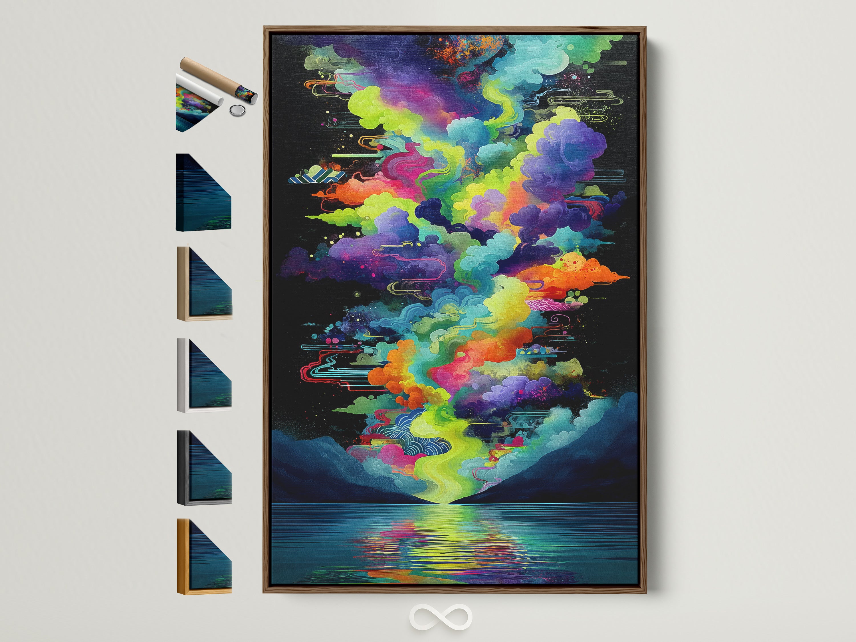 A vibrant cloudscape artwork is displayed in a brown frame. This modern psychedelic artwork features a colorful lake reflection. See all available frame options to enhance your space with this abstract art piece.