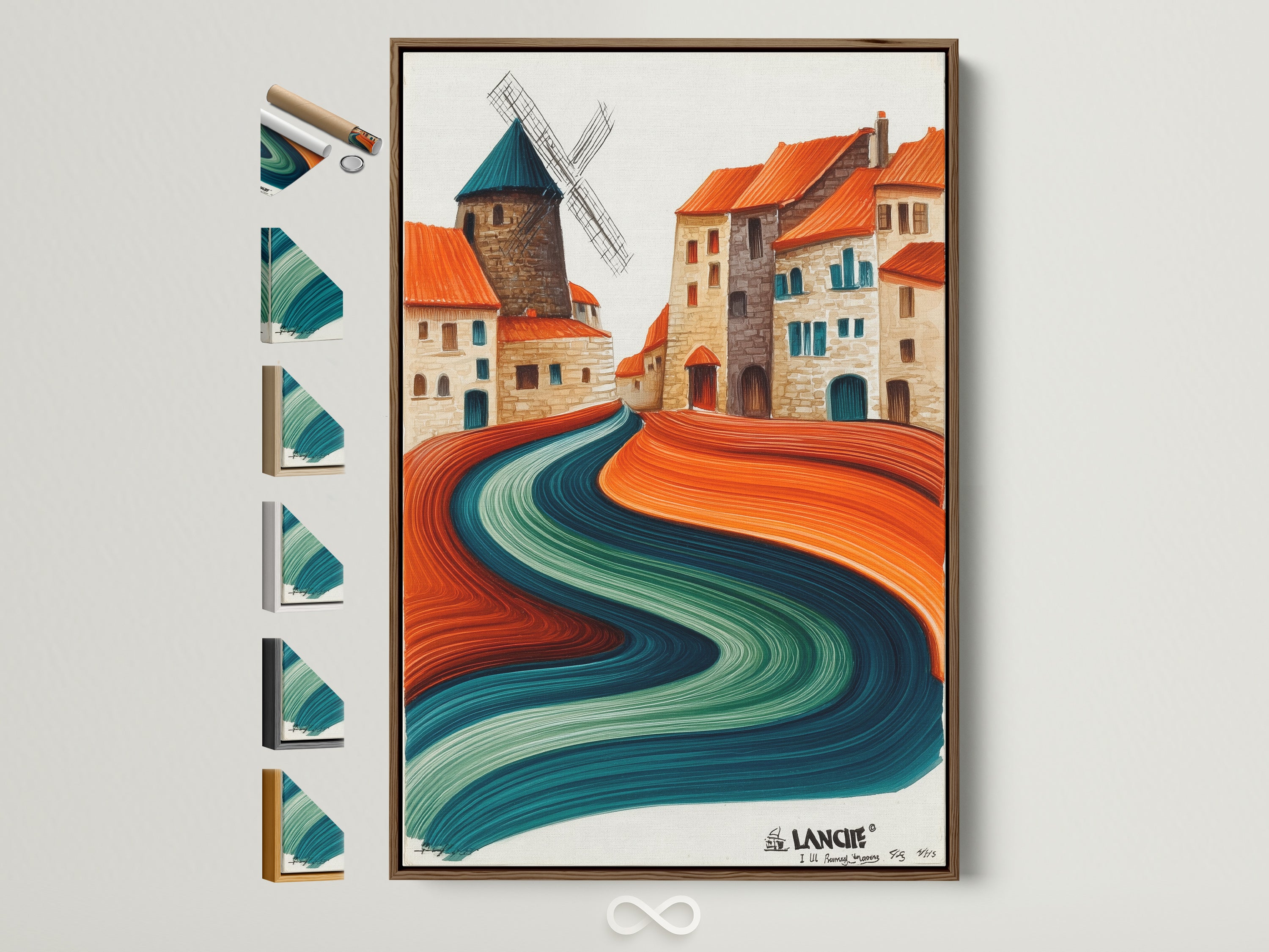 A whimsical village artwork is showcased in a light brown frame. The artwork features an abstract landscape with teal and terracotta hues. Explore various frame options to perfectly complement your modern home decor. Discover unique canvas art to enhance your living space.