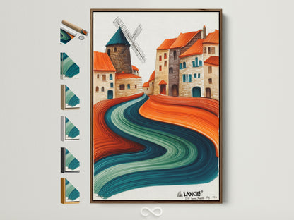 A whimsical village artwork is showcased in a light brown frame. The artwork features an abstract landscape with teal and terracotta hues. Explore various frame options to perfectly complement your modern home decor. Discover unique canvas art to enhance your living space.