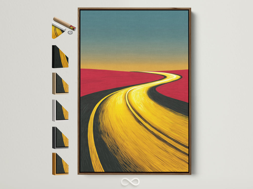 A desert road artwork is displayed with various frame options. See brown oak white black and gold frames. This abstract landscape wall art brings earth tones to any space. Perfect for office or home decor. Find the ideal frame to complement your art. Modern and minimalist artwork.