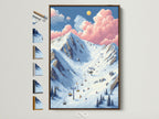 Ski Resort Canvas Print with a brown frame. The mountain ski slopes artwork is displayed with all frame options on the side. The winter alps landscape poster is great cabin wall decor. This alpine wall art complements rustic styles.