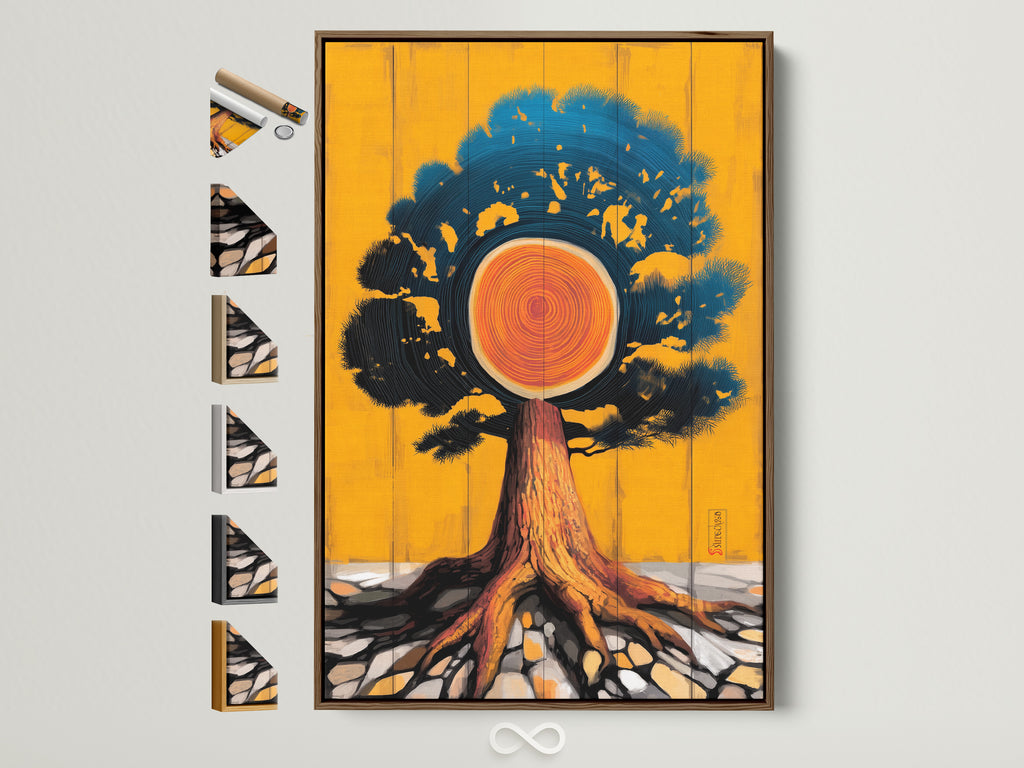 Tree of Life artwork with a brown frame. The Tree of Life art features vibrant orange and teal colors. Frame options are displayed on the side. Find the perfect frame for your artwork. This abstract sun wall art is ideal for any room.
