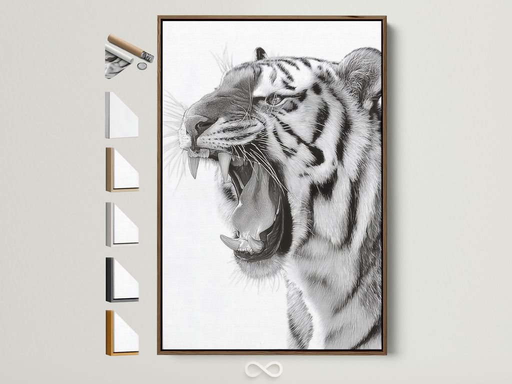Brown frame with all frame options displayed on the side. A majestic tiger art print is showcased. The art print is framed in a warm brown tone. This adds a touch of sophistication to any room. Explore our range of frame styles to enhance your artwork.