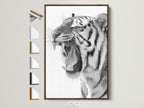 Brown frame with all frame options displayed on the side. A majestic tiger art print is showcased. The art print is framed in a warm brown tone. This adds a touch of sophistication to any room. Explore our range of frame styles to enhance your artwork.