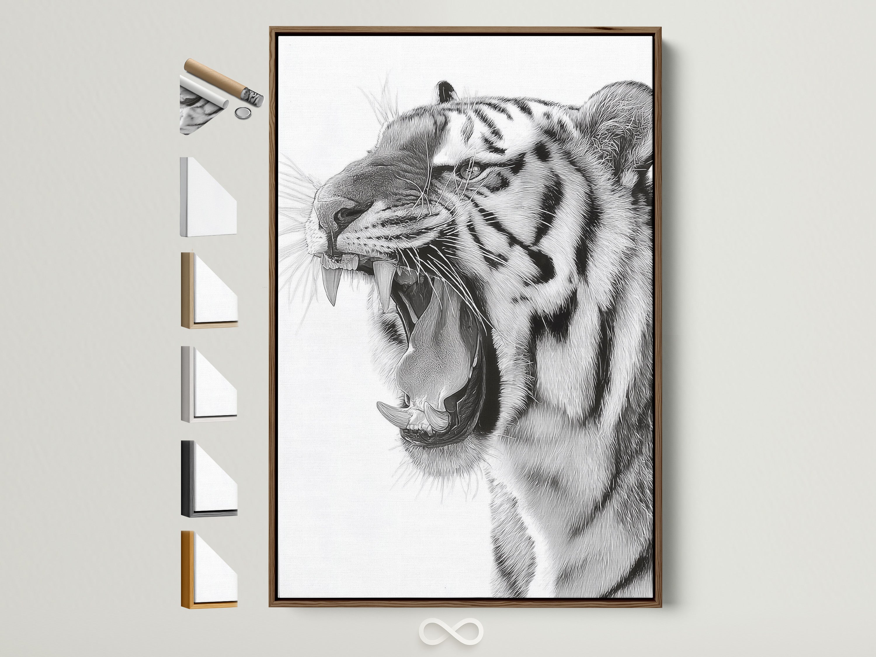 Brown frame with all frame options displayed on the side. A majestic tiger art print is showcased. The art print is framed in a warm brown tone. This adds a touch of sophistication to any room. Explore our range of frame styles to enhance your artwork.