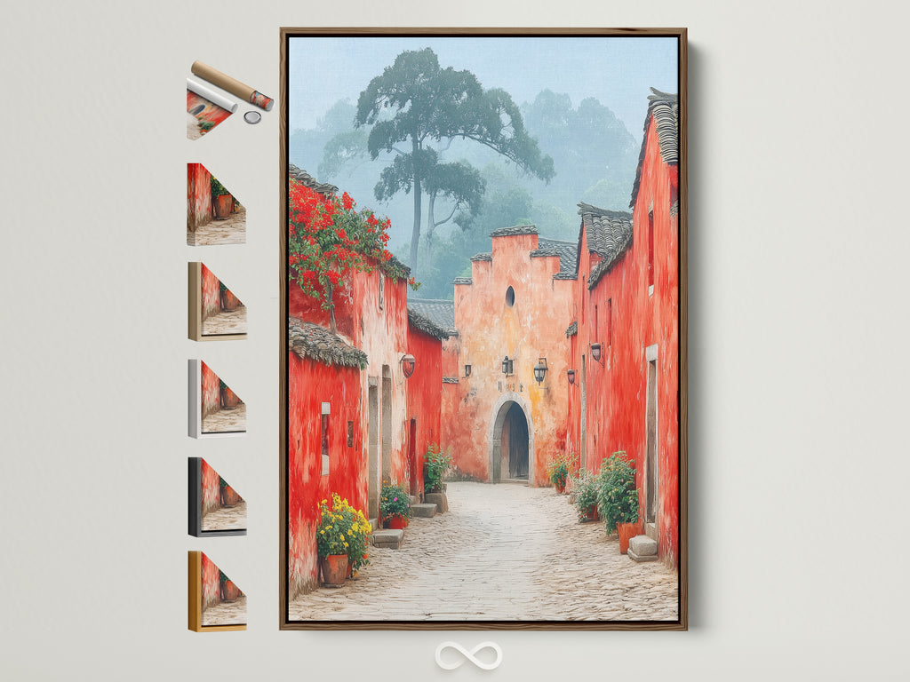 Village Street artwork in a brown frame. See all available frame options for this vintage style architecture poster. Find the perfect frame to complement your red and peach wall art. Elevate your entryway decor with this charming piece of travel art.