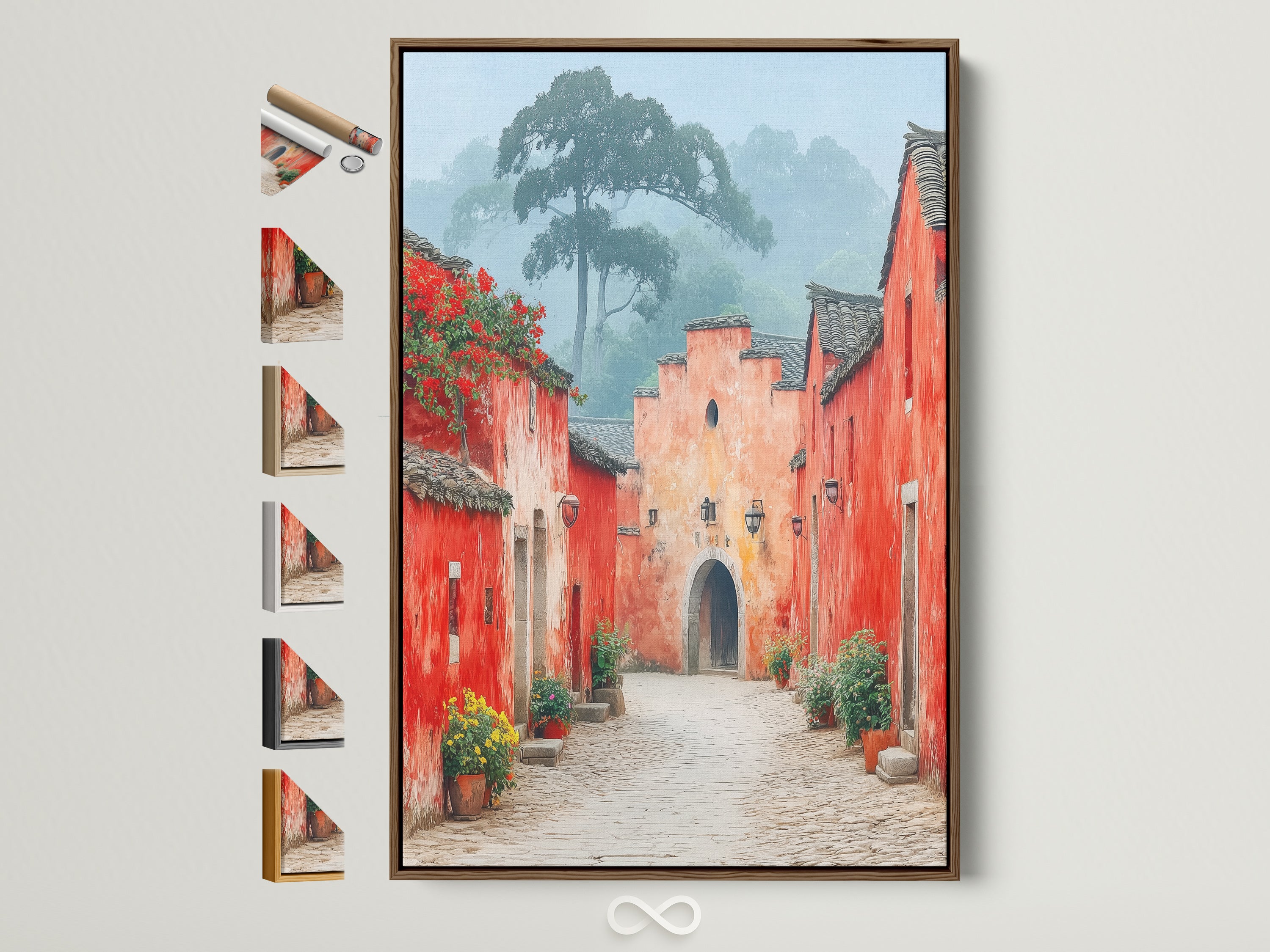 Village Street artwork in a brown frame. See all available frame options for this vintage style architecture poster. Find the perfect frame to complement your red and peach wall art. Elevate your entryway decor with this charming piece of travel art.