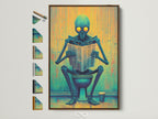 A framed Alien on Toilet canvas print is displayed. See all frame options. This funny bathroom wall artwork features teal and yellow hues. Perfect for restroom decor. It adds a quirky touch to any space. Consider this novelty poster for unique wall art.