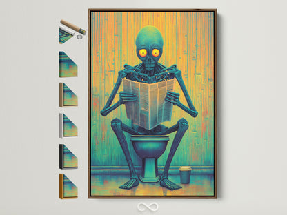 A framed Alien on Toilet canvas print is displayed. See all frame options. This funny bathroom wall artwork features teal and yellow hues. Perfect for restroom decor. It adds a quirky touch to any space. Consider this novelty poster for unique wall art.
