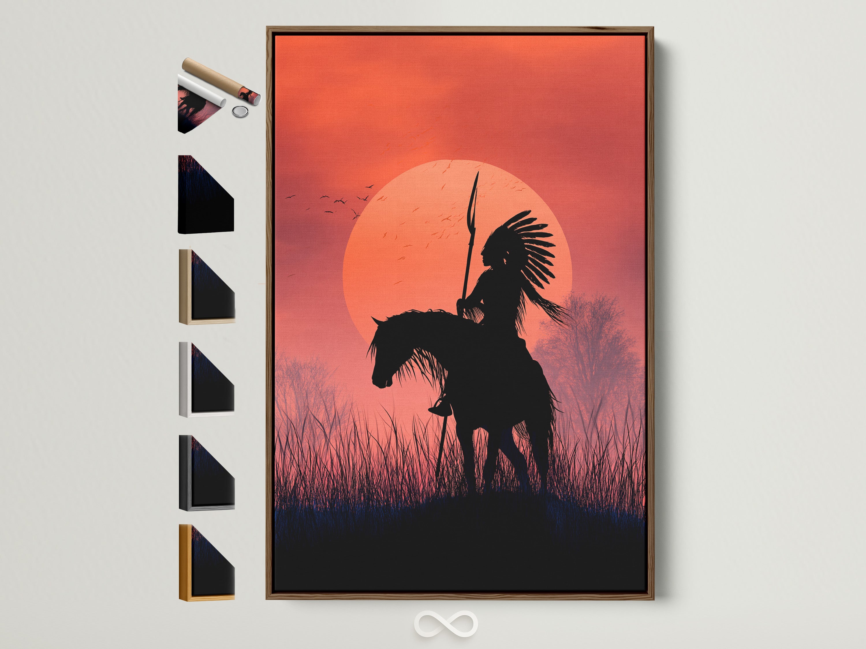 Native American Warrior artwork in a brown frame. This captivating sunset silhouette wall art features a horseback rider. Explore our frame options to customize your western wall decor. Perfect for adding tribal wall art to your space.