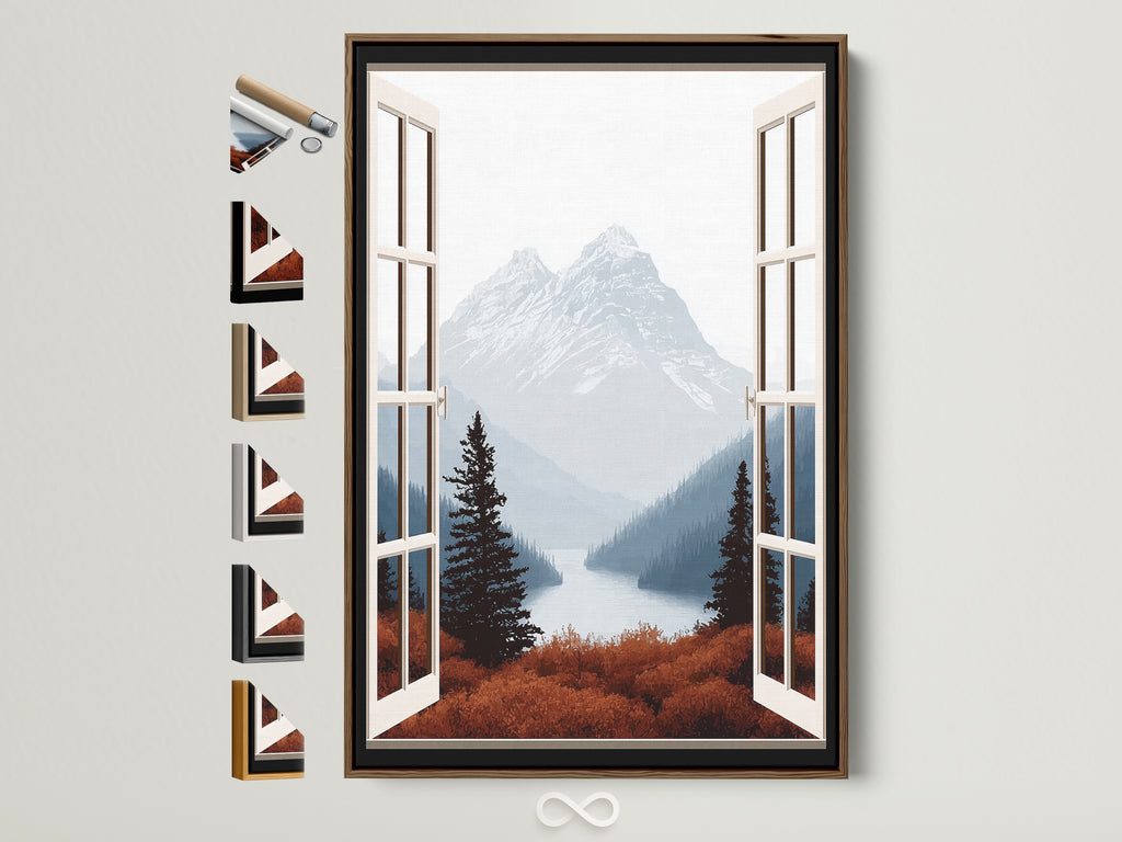 Mountain View Canvas Print in a brown frame. The artwork features an open window with a nature landscape view. Different frame options are displayed. Perfect home wall decor. Calming nature-inspired setting. Ideal for living rooms bedrooms studies and entryways enhancing rustic farmhouse and contemporary styles alike.