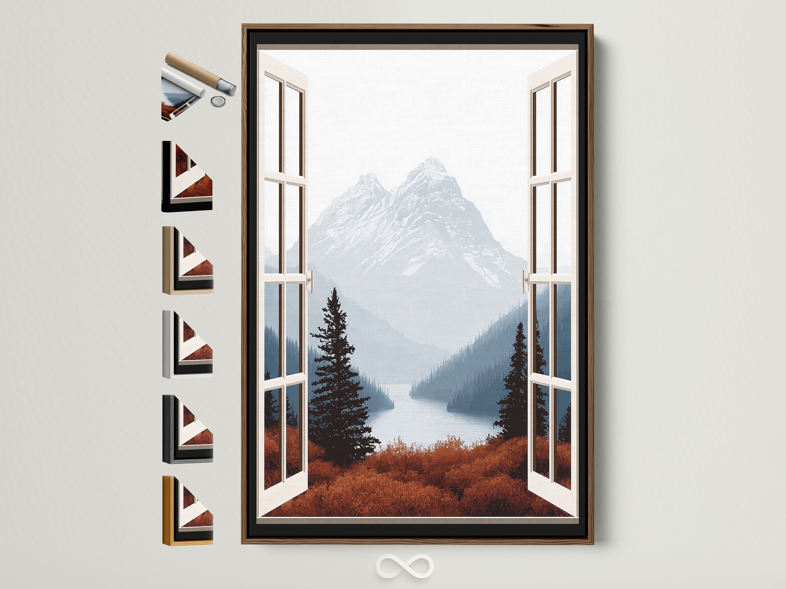 Mountain View Canvas Print in a brown frame. The artwork features an open window with a nature landscape view. Different frame options are displayed. Perfect home wall decor. Calming nature-inspired setting. Ideal for living rooms bedrooms studies and entryways enhancing rustic farmhouse and contemporary styles alike.