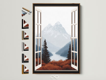 Mountain View Canvas Print in a brown frame. The artwork features an open window with a nature landscape view. Different frame options are displayed. Perfect home wall decor. Calming nature-inspired setting. Ideal for living rooms bedrooms studies and entryways enhancing rustic farmhouse and contemporary styles alike.