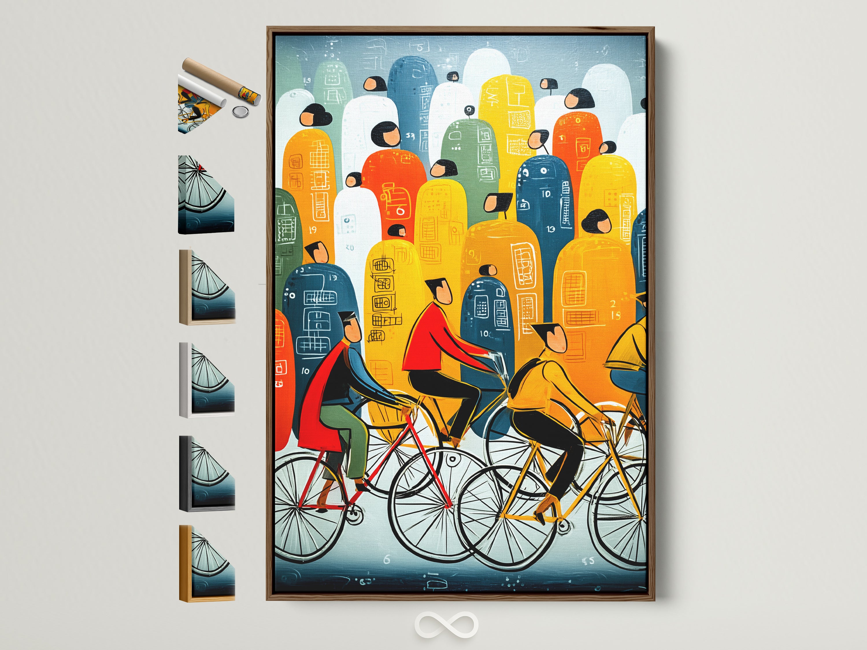 Bicycle Riders Canvas Print in a brown frame. See all frame options available. Abstract city wall art. Colorful commute artwork for office decor. The frame complements the modern artwork. Perfect for adding a touch of urban style to any room.