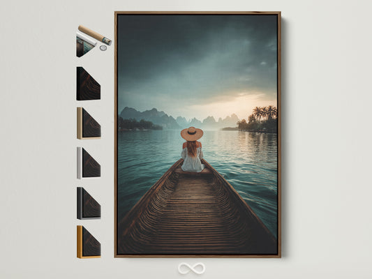 Serene Lake Boat Journey Wall Art - Woman in Straw Hat Mountain Landscape, Tranquil Water Scene, Peaceful Nature Photography Print