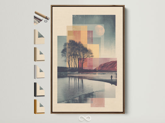 Brown frame with all frame options on the side. The artwork features a serene landscape. It has a body of water and trees. This frame option is great for displaying your favorite artwork.