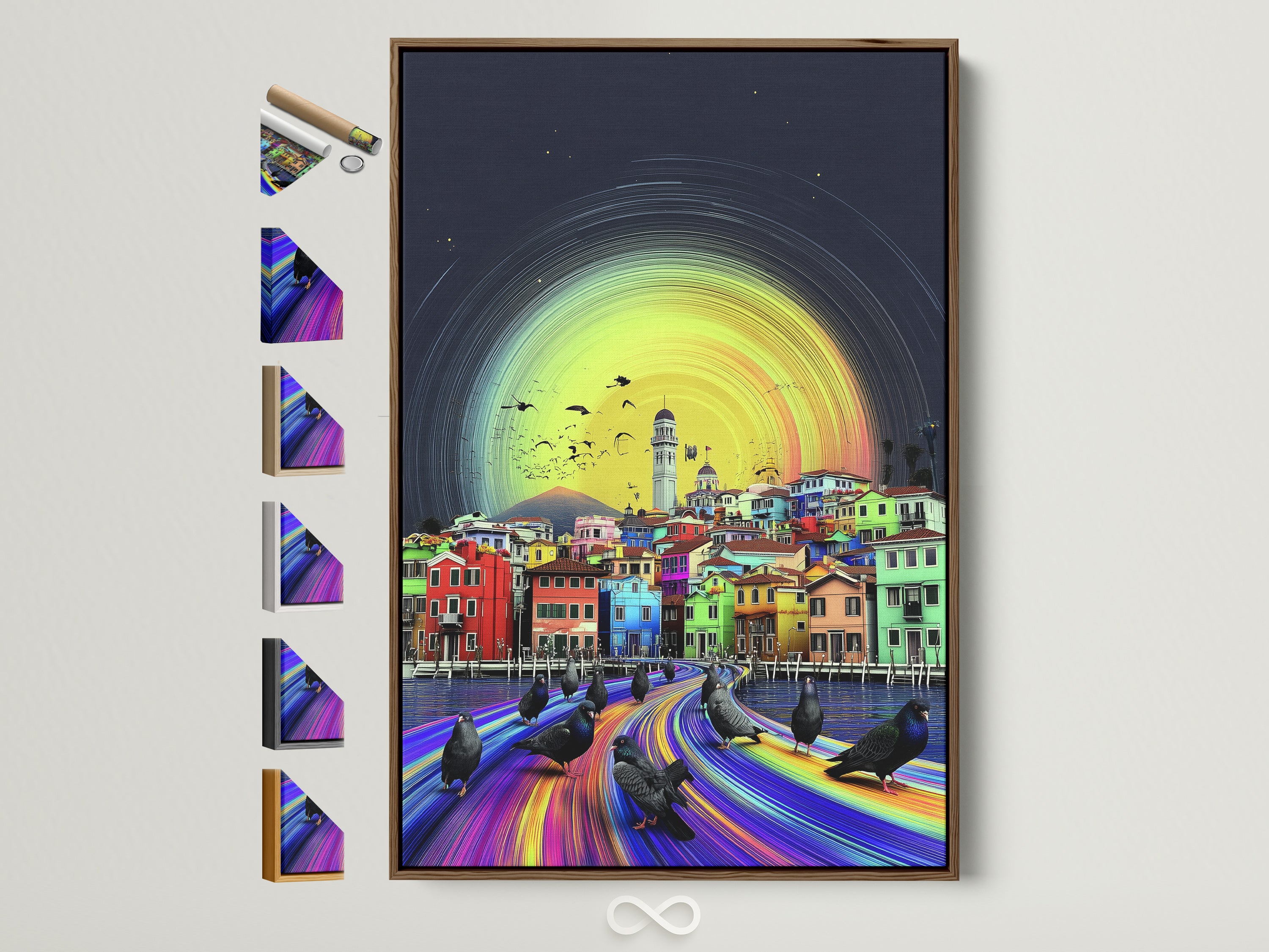 Explore framed artwork options. This image showcases a colorful Venice Italy cityscape artwork with a brown frame. Various frame choices are displayed on the side. Perfect for adding European charm to your living room bedroom or office wall art.