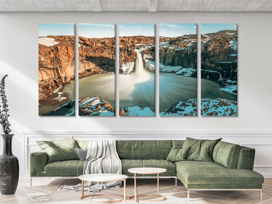 Iceland Waterfall Canvas Art - Dramatic Landscape Wall Decor, Brown Mountain Scenery, Nordic Style Living Room Art, Gift for Him