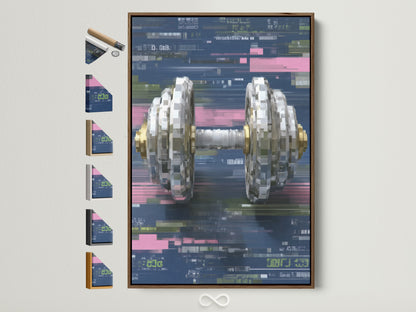 Digital Glitch Dumbbell Art in a brown frame. This cyberpunk fitness wall art features pixel distortion. The artwork is displayed with all frame options on the side. Perfect home gym decor.