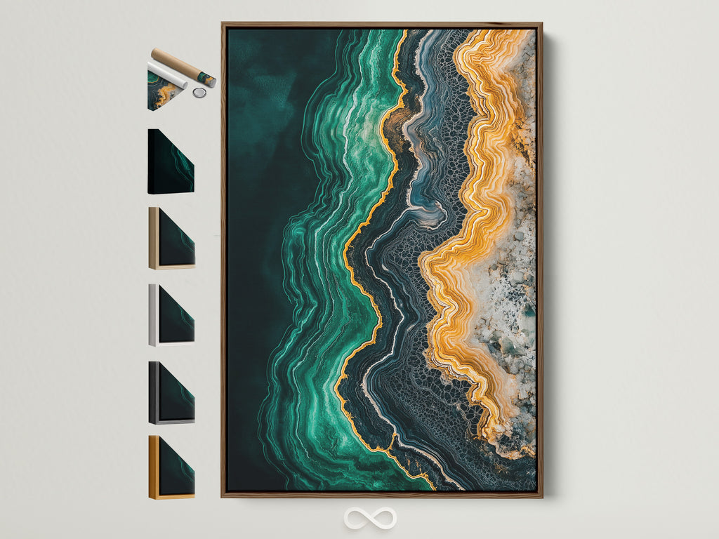 A captivating abstract ocean art print. The emerald green teal and gold colors blend seamlessly in this modern fluid painting. A brown frame surrounds the artwork. View all frame options for this contemporary wall decor.