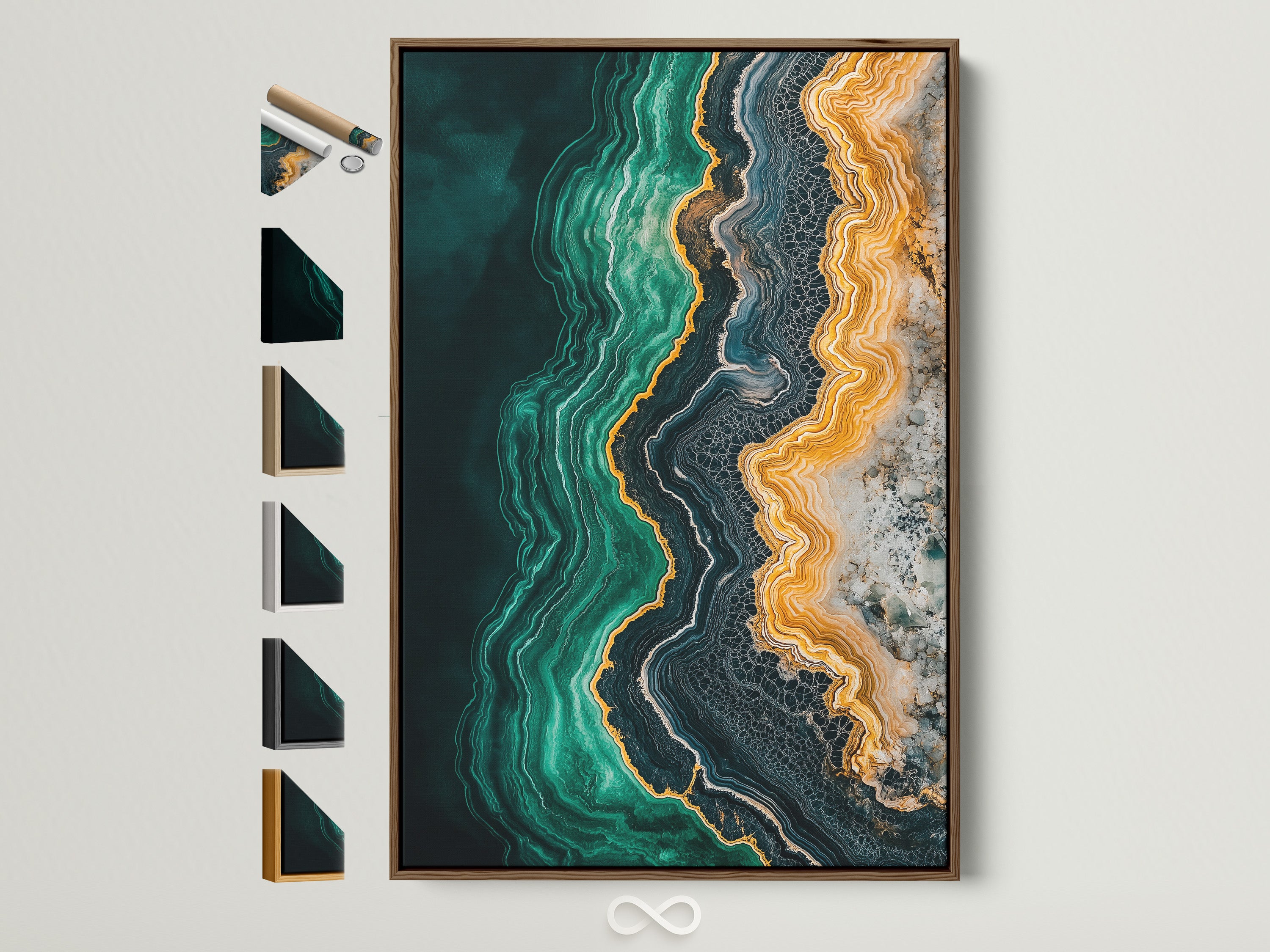 A captivating abstract ocean art print. The emerald green teal and gold colors blend seamlessly in this modern fluid painting. A brown frame surrounds the artwork. View all frame options for this contemporary wall decor.
