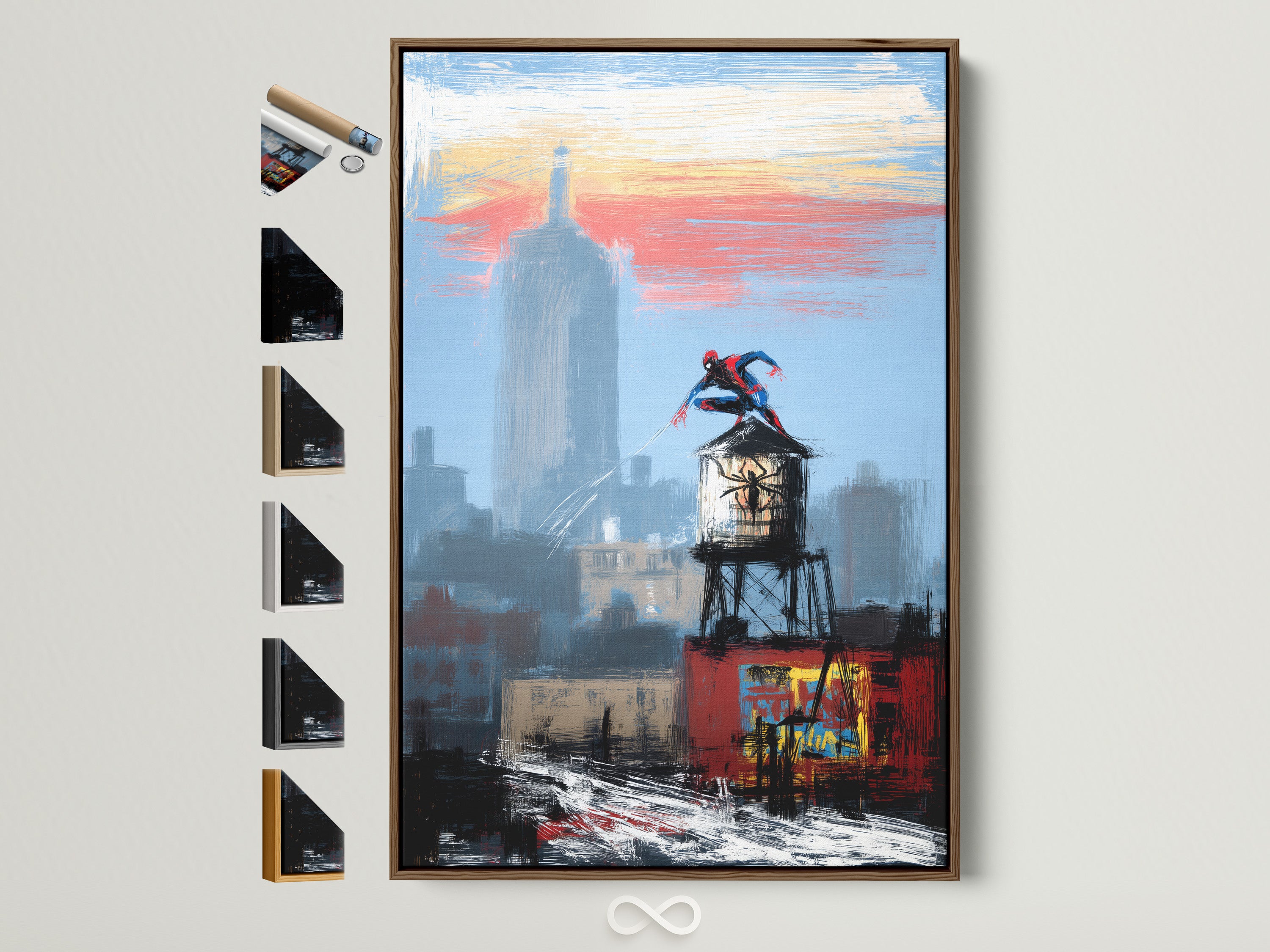 NYC Cityscape Canvas Print featuring a superhero on a water tower is displayed within a brown frame. This urban artwork adds a bold touch to any space. See frame options available on the side.