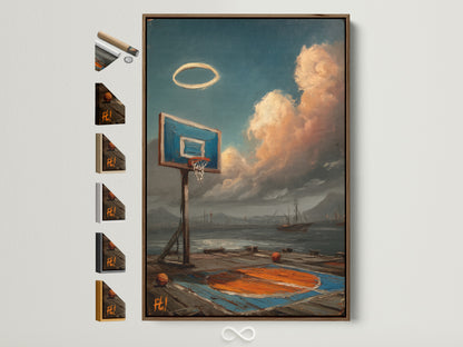 Coastal basketball court artwork is framed in brown. It showcases all available framing options. Perfect moody sport art for a man cave. Elevate your space with this unique piece. A great gift for him. Add coastal charm to any room with this framed artwork.