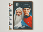 A Star Trek Spock Vulcan wall art piece is displayed with various frame options. Notice the brown frame option. It is perfect for man cave decor. This Trekkie gift is elevated modern art. It's ideal contemporary wall decor for minimalist Scandinavian or eclectic styles.