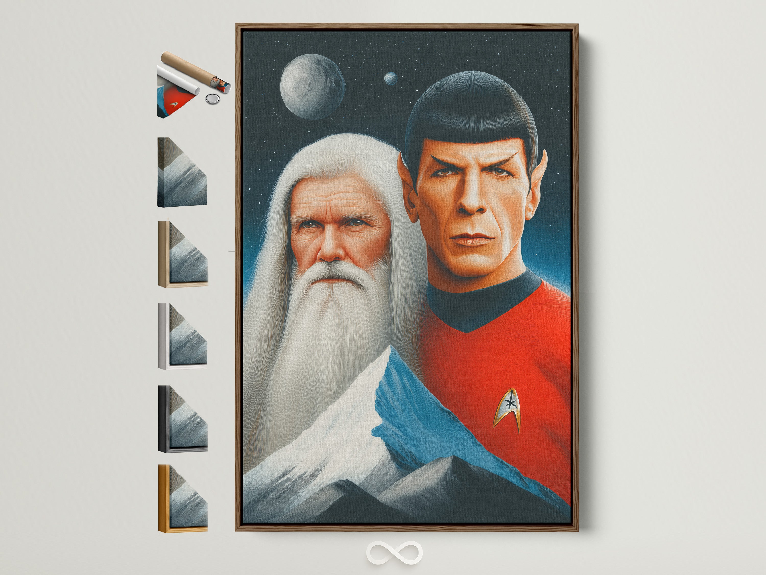 A Star Trek Spock Vulcan wall art piece is displayed with various frame options. Notice the brown frame option. It is perfect for man cave decor. This Trekkie gift is elevated modern art. It's ideal contemporary wall decor for minimalist Scandinavian or eclectic styles.