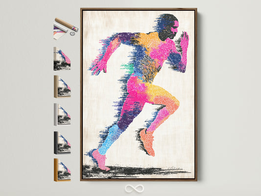 Artwork in a brown frame is displayed. All frame options are visible on the side. The artwork features a colorful abstract figure of a runner. The runner is depicted in motion. The art adds a modern touch to the room.