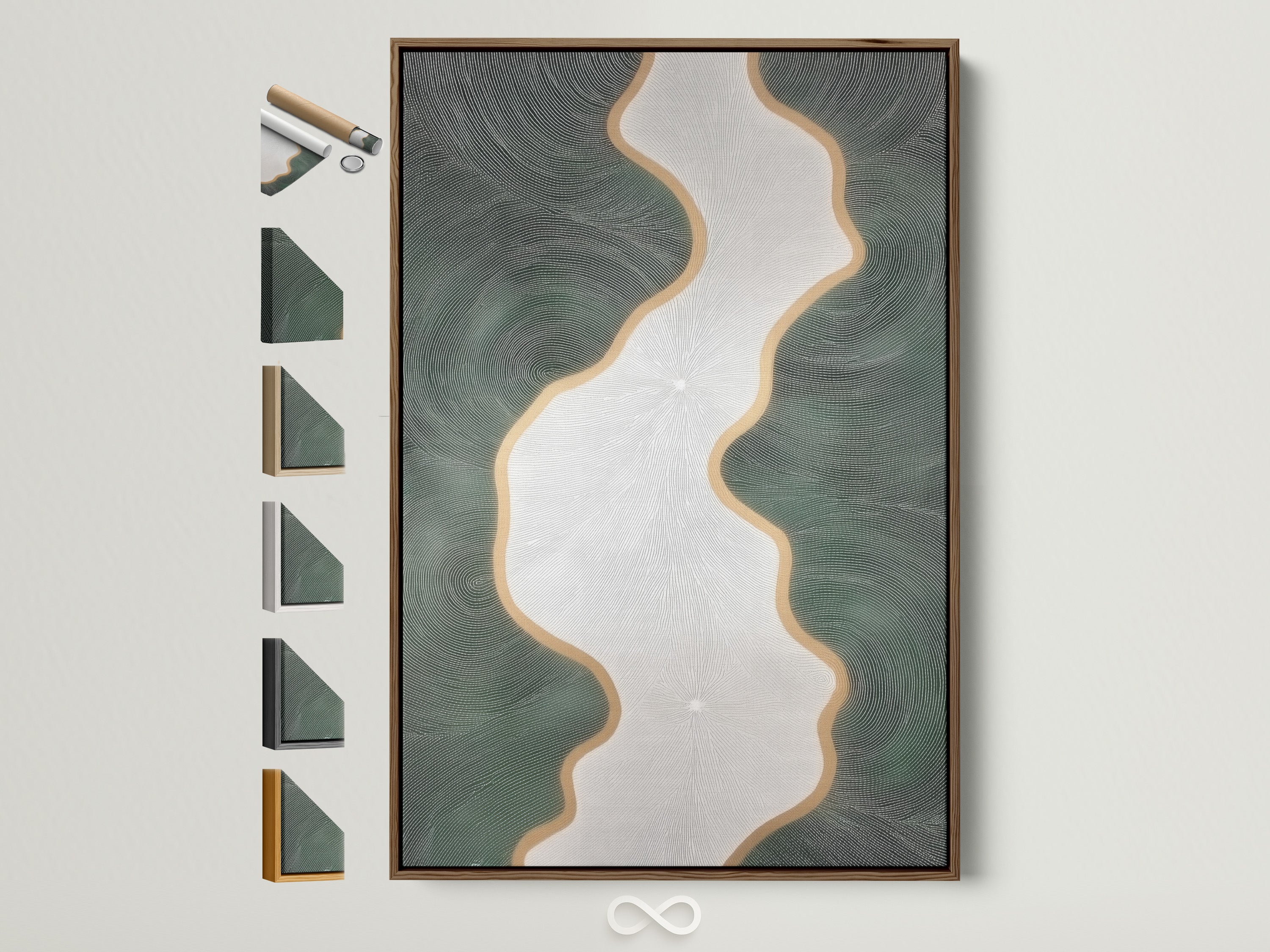A sage green abstract river art print is displayed in a brown frame. The artwork features flowing lines and gold accents. See available frame options. The print enhances bedroom decor and complements contemporary or Scandinavian styles. It is ideal for living rooms bedrooms offices spas boutiques and waiting rooms.