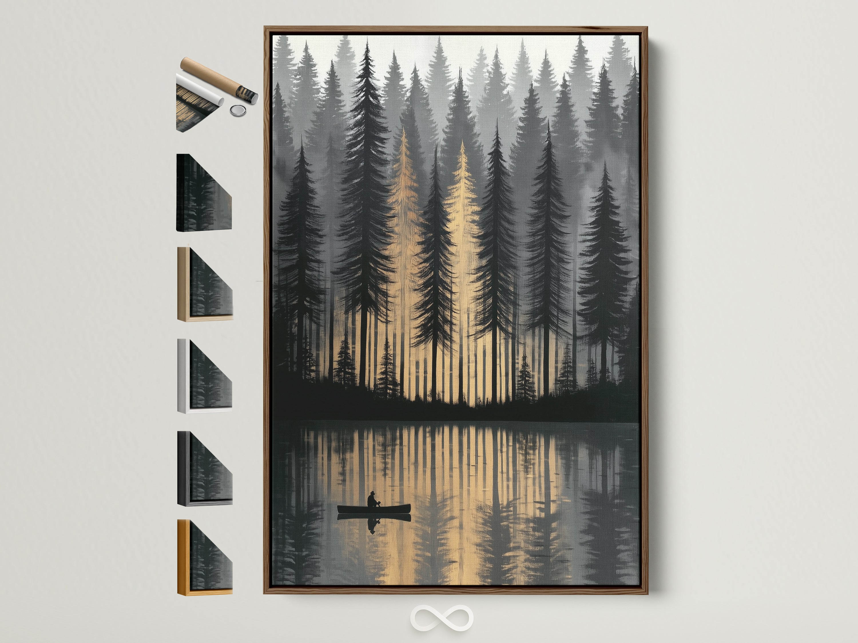 A tranquil forest lake artwork is framed in a natural brown wood. This canoeing wall art captures a golden hour reflection. Available with various frame options on the side. Perfect nature wall art for bedroom decor or a peaceful scenic artwork in your cabin or minimalist style home.