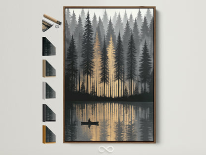 A tranquil forest lake artwork is framed in a natural brown wood. This canoeing wall art captures a golden hour reflection. Available with various frame options on the side. Perfect nature wall art for bedroom decor or a peaceful scenic artwork in your cabin or minimalist style home.