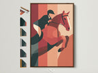 Equestrian art print in a brown frame displayed on a white wall. The artwork features a horse and rider jumping. See all our frame options. Find the perfect frame to complement your style and artwork.