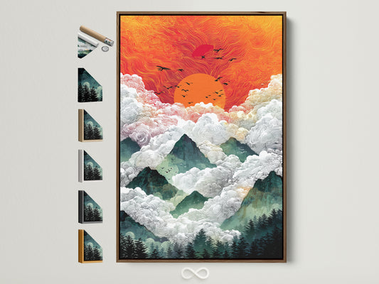 Mountain Sunrise artwork with an orange sky is displayed in a brown frame. Various frame options are showcased beside it. The artwork brings nature's beauty indoors. Perfect wall art for any room. Add warmth and style to your space with this framed mountain landscape.