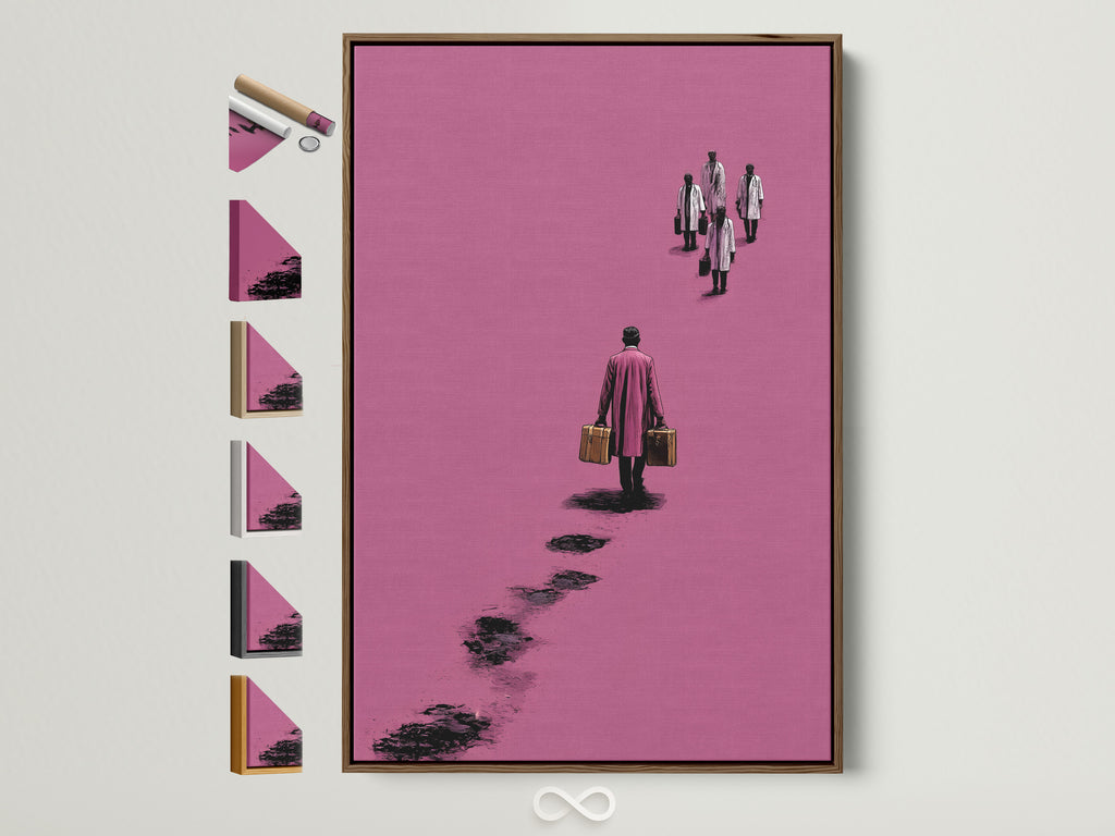 Surreal pink artwork in a brown frame. The art features a figure walking away with suitcases. Other frame options are displayed. This minimalist canvas print adds a contemporary touch to any office decor. It's a modern abstract poster.